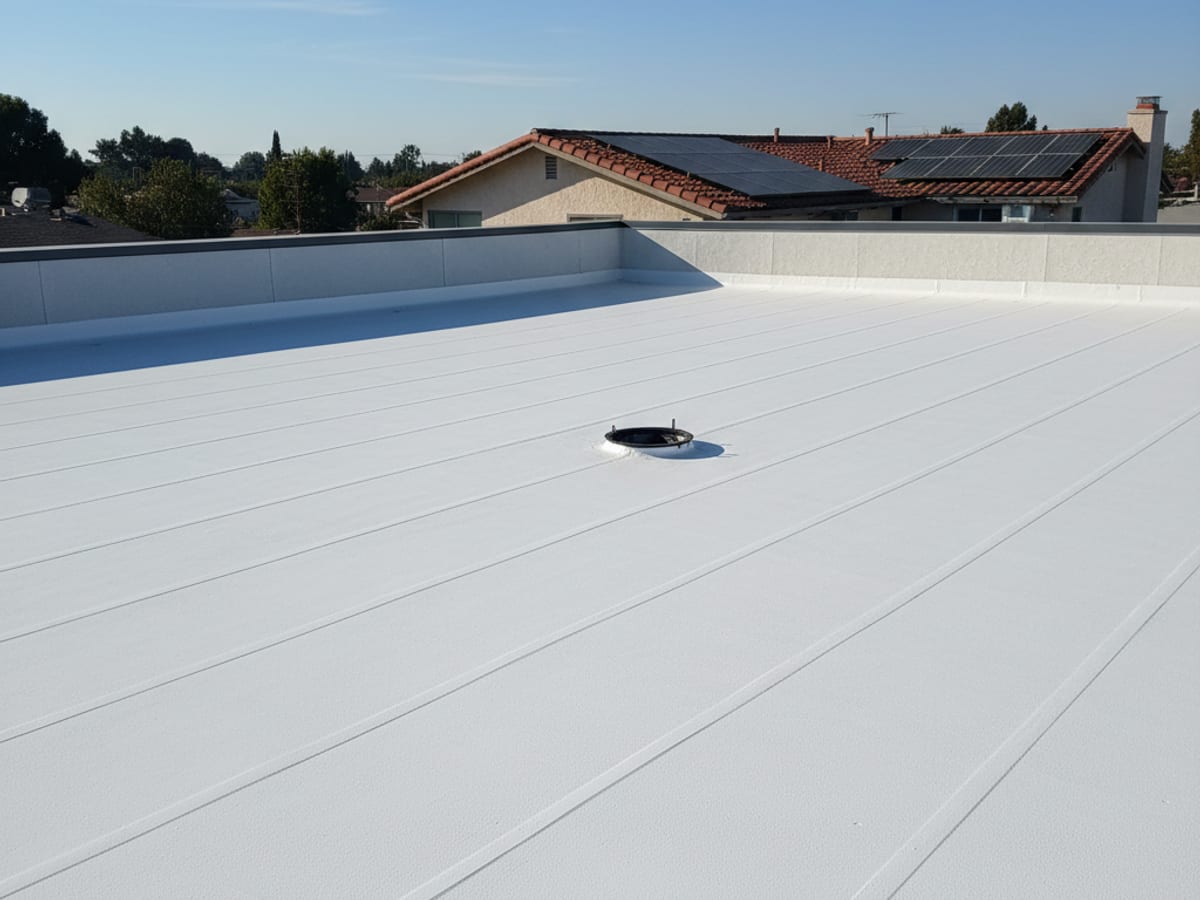 Newly installed white TPO flat roof on a mid-century San Diego home with visible welded seams and a roof drain