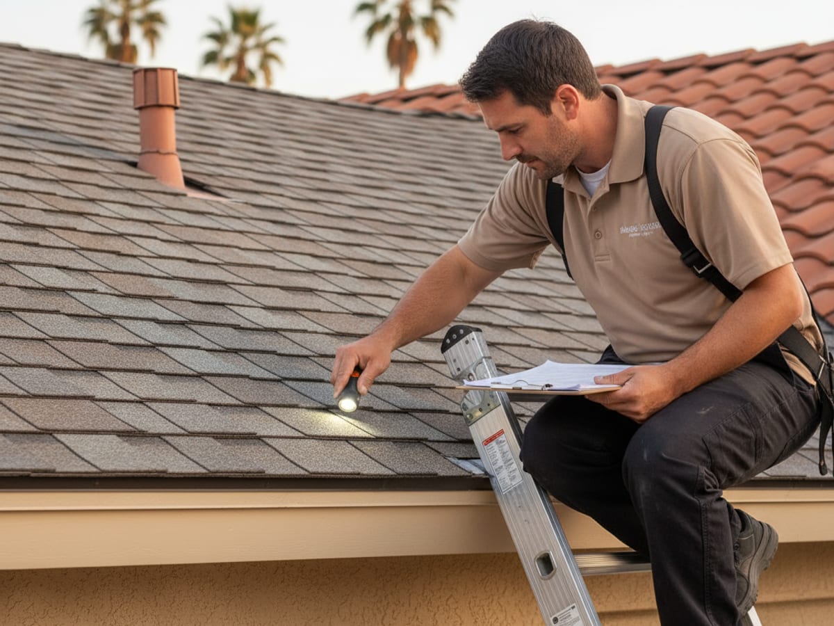 Roofer on a ladder inspecting a shingle roof with a flashlight and clipboard during a pre-purchase inspection
