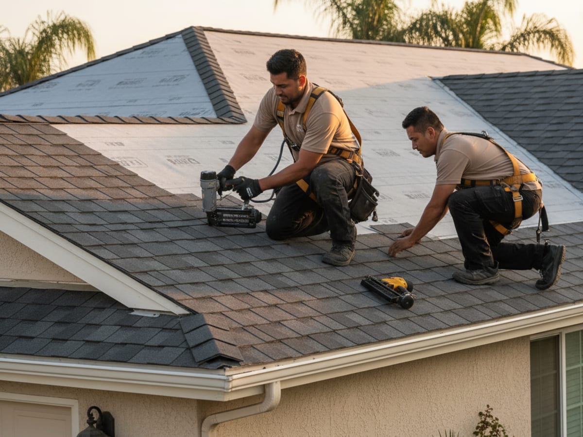 Roofing crew finishing the final courses of asphalt shingles on a San Diego single-family home with underlayment and drip edge visible